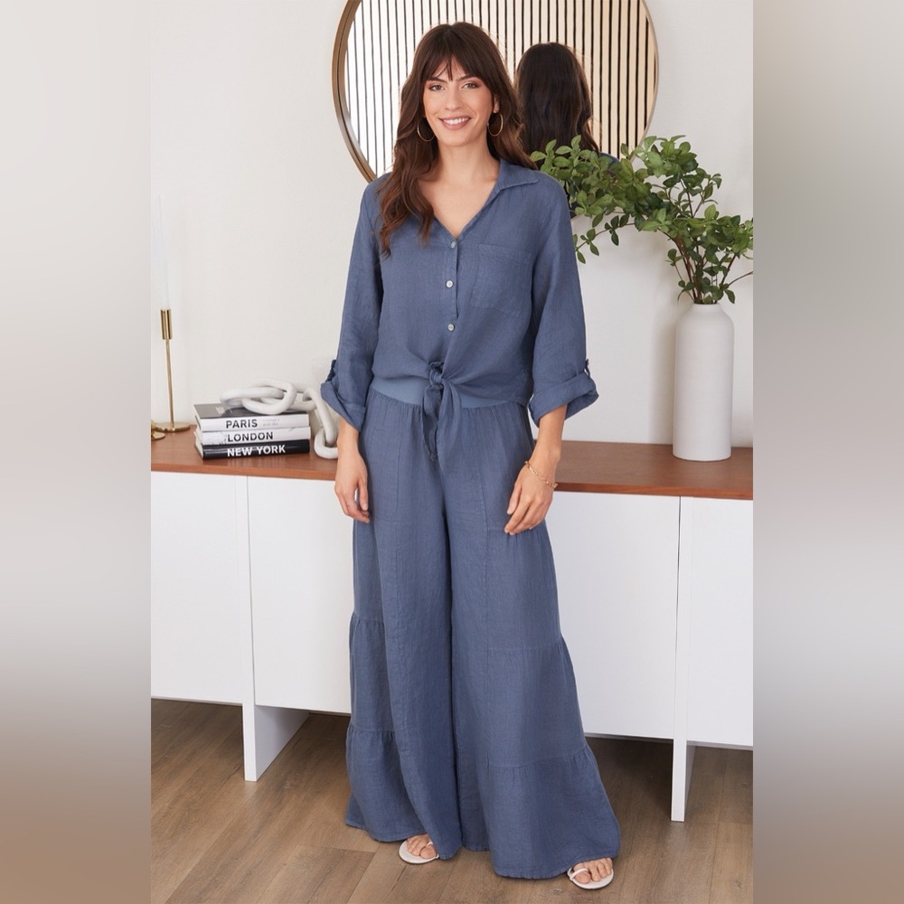 (2-36/255005-SOL-SLA) LINEN TIERED PALAZZO PANT